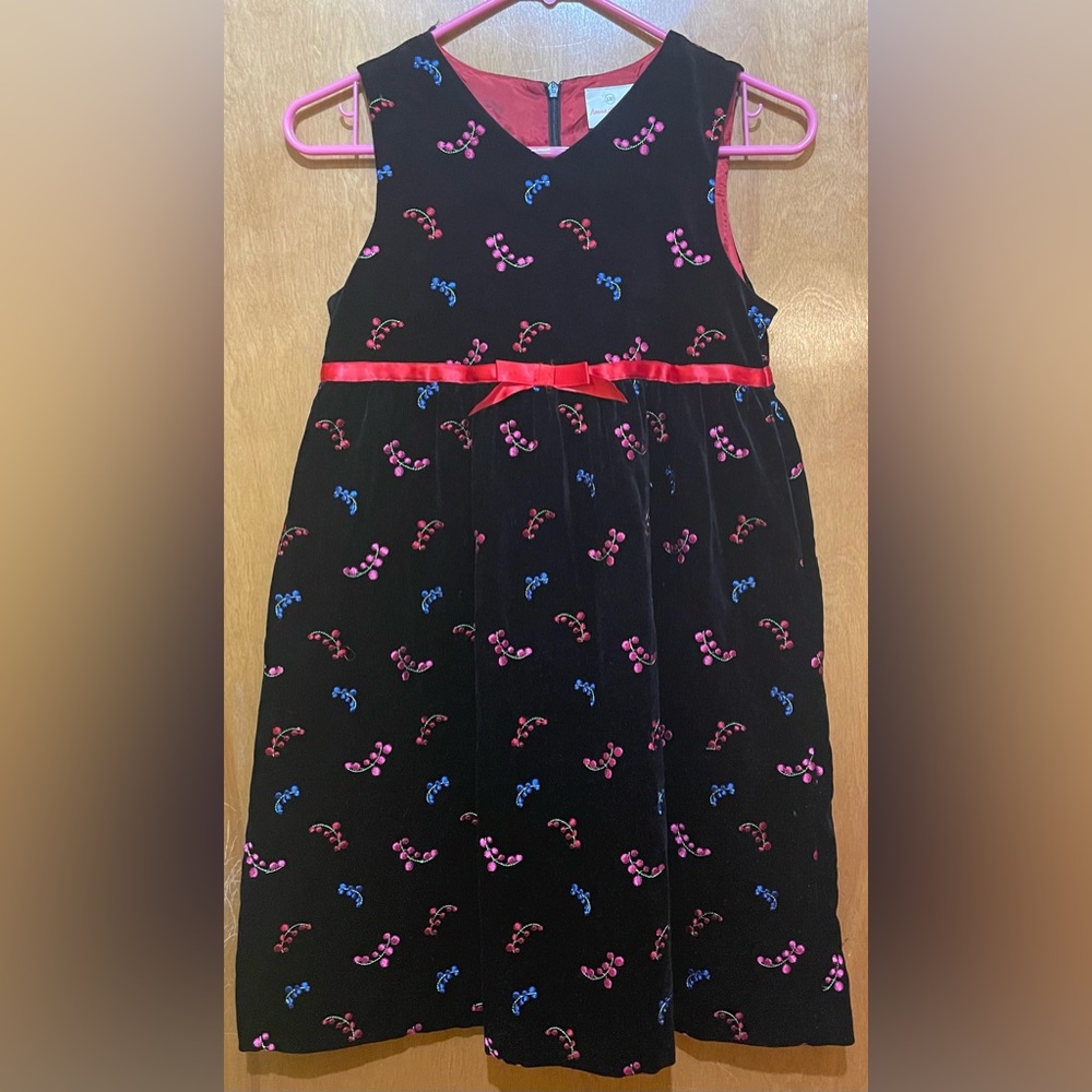 Hanna Andersson Girls 130 Embroidered Floral Black Velvet Jumper Dress US 8